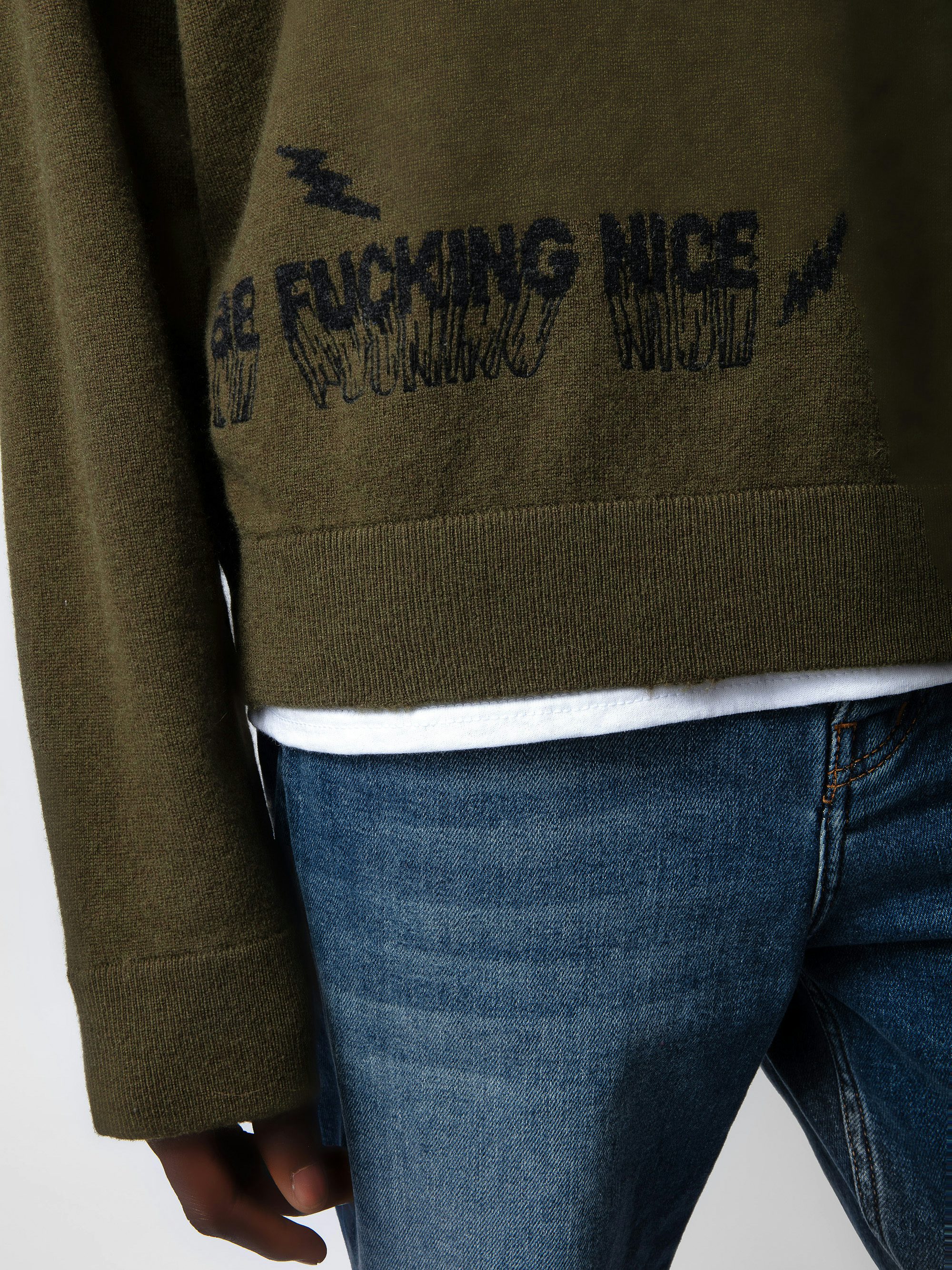 Marko Jumper - Khaki wool and cashmere long-sleeved jumper with graffiti motifs and slogans.